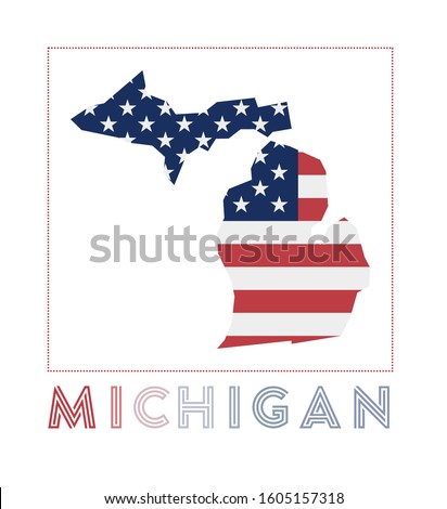 Michigan Logo. Map of Michigan with us state name and flag. Awesome vector illustration.