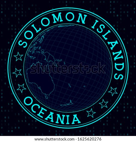 Solomon Islands round sign. Futuristic satelite view of the world centered to Solomon Islands. Country badge with map, round text and binary background. Beautiful vector illustration.