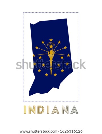 Indiana Logo. Map of Indiana with us state name and flag. Elegant vector illustration.