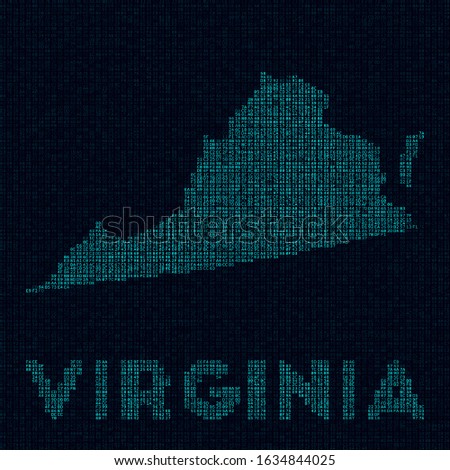 Virginia tech map. Us state symbol in digital style. Cyber map of Virginia with us state name. Artistic vector illustration.