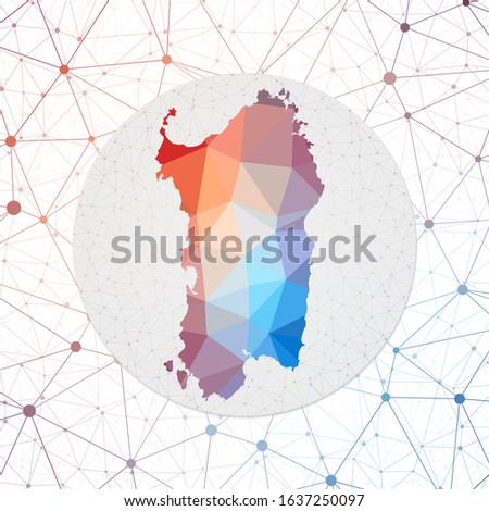 Abstract vector map of Sardinia. Technology in the island geometric style poster. Polygonal Sardinia map on 3d triangular mesh backgound. EPS10 Vector.