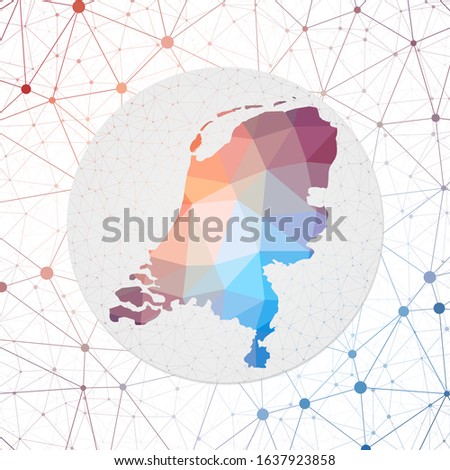 Abstract vector map of Netherlands. Technology in the country geometric style poster. Polygonal Netherlands map on 3d triangular mesh backgound. EPS10 Vector.