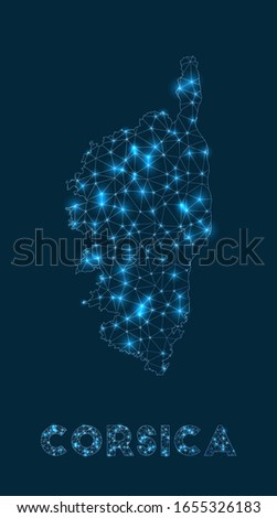 Corsica network map. Abstract geometric map of the island. Internet connections and telecommunication design. Classy vector illustration.