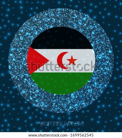 Round Western Sahara badge. Flag of Western Sahara in glowing network mesh style. Country network logo. Beautiful vector illustration.