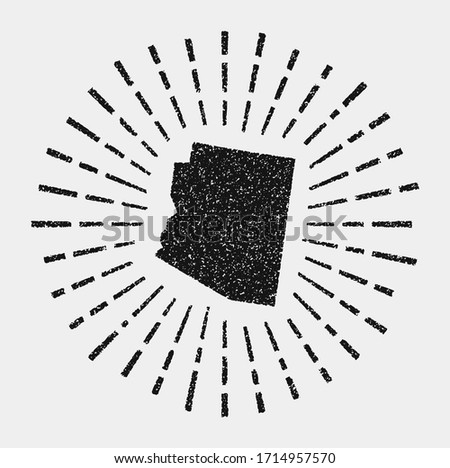 Vintage map of Arizona. Grunge sunburst around the us state. Black Arizona shape with sun rays on white background. Vector illustration.