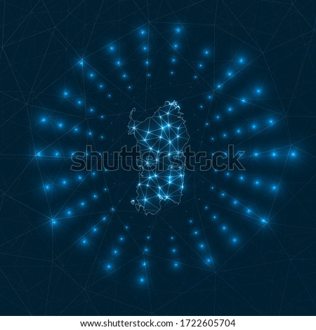 Sardinia digital map. Glowing rays radiating from the island. Network connections and telecommunication design. Vector illustration.