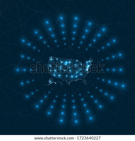 USA digital map. Glowing rays radiating from the country. Network connections and telecommunication design. Vector illustration.