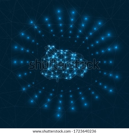 Ischia digital map. Glowing rays radiating from the island. Network connections and telecommunication design. Vector illustration.
