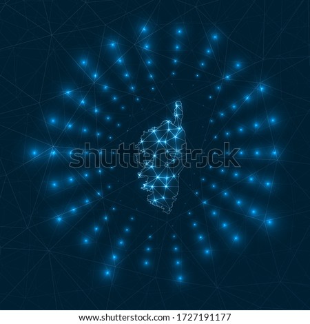 Corsica digital map. Glowing rays radiating from the island. Network connections and telecommunication design. Vector illustration.