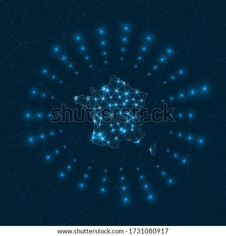 France digital map. Glowing rays radiating from the country. Network connections and telecommunication design. Vector illustration.