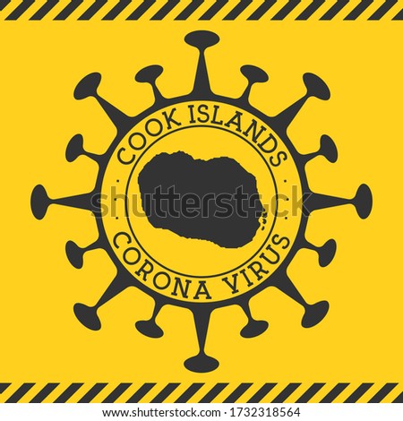 Corona virus in Cook Islands sign. Round badge with shape of virus and Cook Islands map. Yellow island epidemy lock down stamp. Vector illustration.