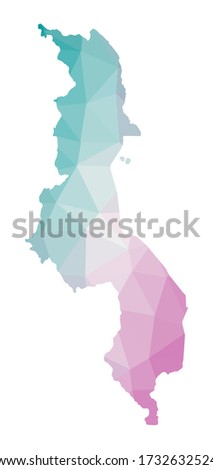 Polygonal map of Malawi. Geometric illustration of the country in emerald amethyst colors. Malawi map in low poly style. Technology, internet, network concept. Vector illustration.