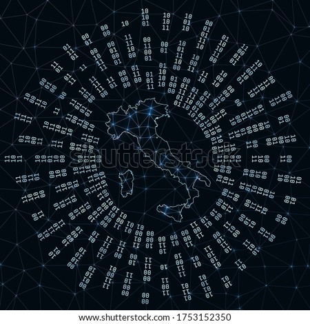 Italy digital map. Binary rays radiating around glowing country. Internet connections and data exchange design. Vector illutration.