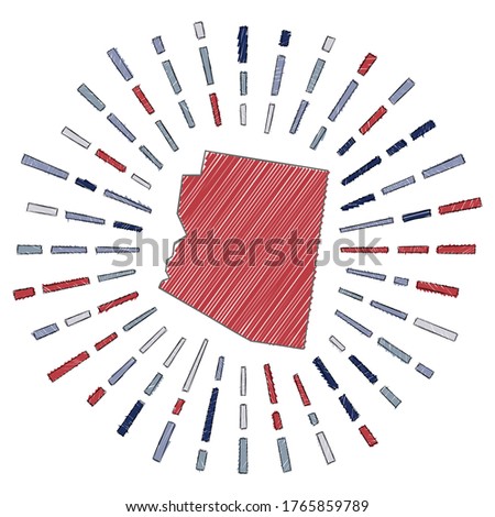 Sketch map of Arizona. Sunburst around the us state in flag colors. Hand drawn Arizona shape with sun rays on white background. Vector illustration.