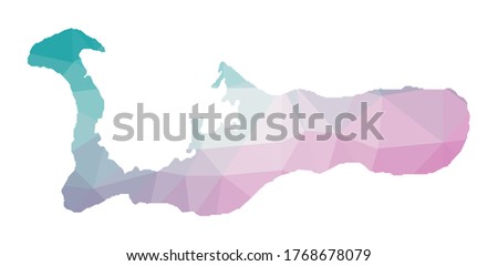 Polygonal map of Grand Cayman. Geometric illustration of the island in emerald amethyst colors. Grand Cayman map in low poly style. Technology, internet, network concept. Vector illustration.