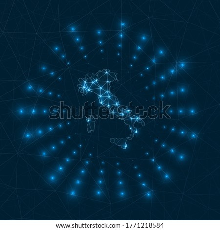 Italy digital map. Glowing rays radiating from the country. Network connections and telecommunication design. Vector illustration.