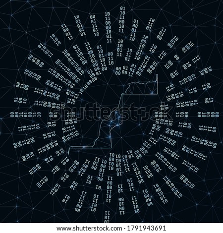 Western Sahara digital map. Binary rays radiating around glowing country. Internet connections and data exchange design. Vector illutration.