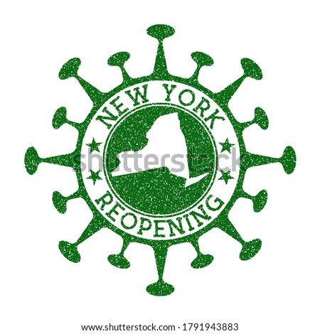 New York Reopening Stamp. Green round badge of us state with map of New York. Us state opening after lockdown. Vector illustration.