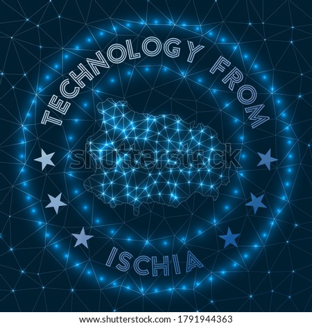 Technology From Ischia. Futuristic geometric badge of the island. Technological concept. Round Ischia logo. Vector illustration.