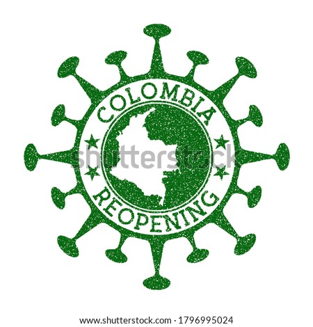 Colombia Reopening Stamp. Green round badge of country with map of Colombia. Country opening after lockdown. Vector illustration. Photo stock © 