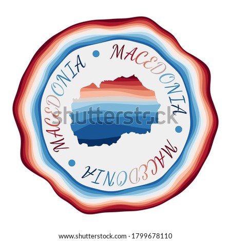 Macedonia badge. Map of the country with beautiful geometric waves and vibrant red and blue frame. Vivid round Macedonia logo. Vector illustration.