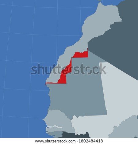 Shape of the Western Sahara in context of neighbor countries. Country highlighted with red color on world map. Western Sahara map template. Vector illustration.