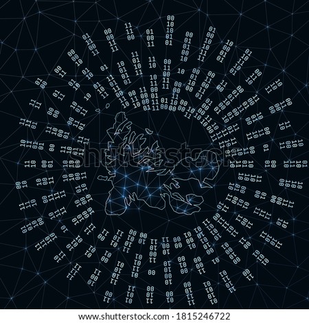 TAAF digital map. Binary rays radiating around glowing country. Internet connections and data exchange design. Vector illutration.