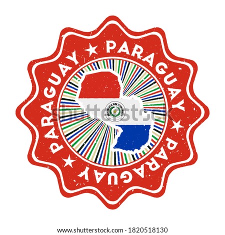 Paraguay round grunge stamp with country map and country flag. Vintage badge with circular text and stars, vector illustration.