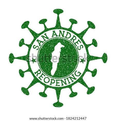 San Andres Reopening Stamp. Green round badge of island with map of San Andres. Island opening after lockdown. Vector illustration. Photo stock © 