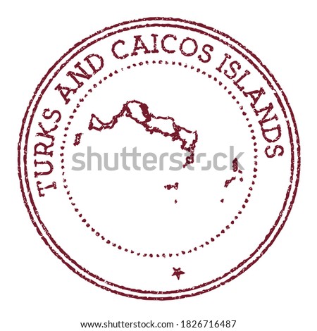 Turks and Caicos Islands round rubber stamp with island map. Vintage red passport stamp with circular text and stars, vector illustration.