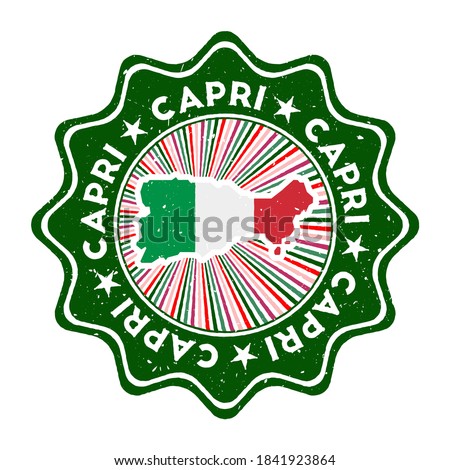 Capri round grunge stamp with island map and country flag. Vintage badge with circular text and stars, vector illustration.