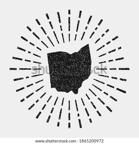 Vintage map of Ohio. Grunge sunburst around the us state. Black Ohio shape with sun rays on white background. Vector illustration.