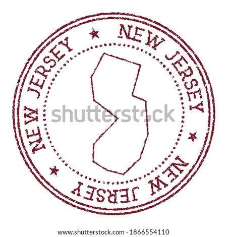 New Jersey round rubber stamp with us state map. Vintage red passport stamp with circular text and stars, vector illustration.