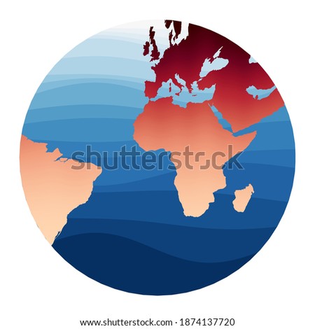 World Map Vector. Gnomonic projection. World in red orange gradient on deep blue ocean waves. Stylish vector illustration..