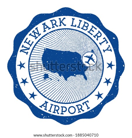 Newark Liberty Airport stamp. Airport of Newark round logo with location on United States map marked by airplane. Vector illustration.