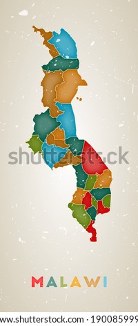 Malawi map. Country poster with colored regions. Old grunge texture. Vector illustration of Malawi with country name.