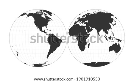 Map of The World. Mollweide projection interrupted into two (equal-area) hemispheres. Globe with latitude and longitude net. World map on meridians and parallels background. Vector illustration.