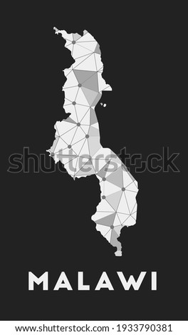 Malawi - communication network map of country. Malawi trendy geometric design on dark background. Technology, internet, network, telecommunication concept. Vector illustration.