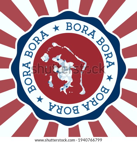 Bora Bora Badge. Round logo of island with triangular mesh map and radial rays. EPS10 Vector.