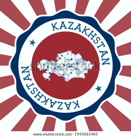 Kazakhstan Badge. Round logo of country with triangular mesh map and radial rays. EPS10 Vector.