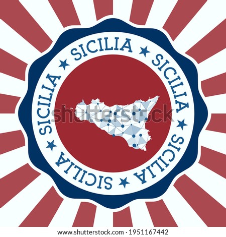 Sicilia Badge. Round logo of island with triangular mesh map and radial rays. EPS10 Vector.