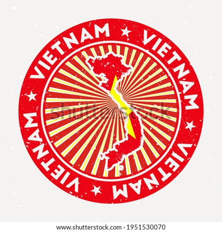 Vietnam round stamp. Logo of country with flag. Vintage badge with circular text and stars, vector illustration.