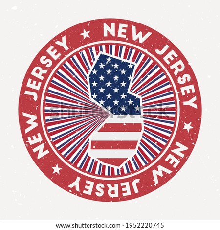 New Jersey round stamp. Logo of us state with flag. Vintage badge with circular text and stars, vector illustration.