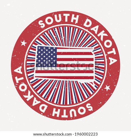 South Dakota round stamp. Logo of us state with flag. Vintage badge with circular text and stars, vector illustration.