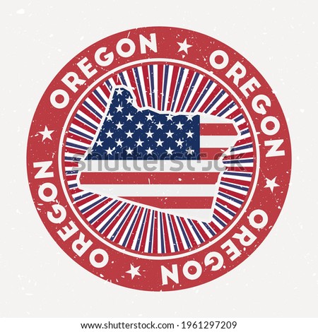 Oregon round stamp. Logo of us state with flag. Vintage badge with circular text and stars, vector illustration.