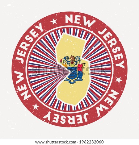 New Jersey round stamp. Logo of us state with state flag. Vintage badge with circular text and stars, vector illustration.