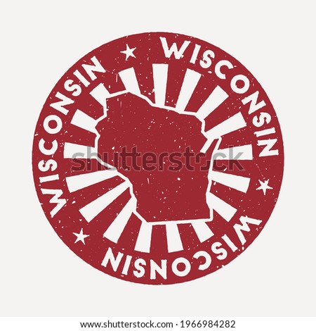 Wisconsin stamp. Travel red rubber stamp with the map of us state, vector illustration. Can be used as insignia, logotype, label, sticker or badge of the Wisconsin.