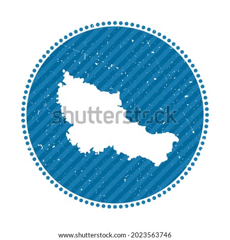 Belle Ile striped retro travel sticker. Badge with map of island, vector illustration. Can be used as insignia, logotype, label, sticker or badge of the Belle Ile.