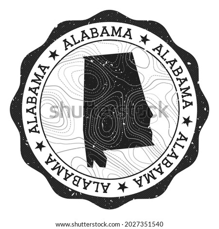 Alabama outdoor stamp. Round sticker with map of us state with topographic isolines. Vector illustration. Can be used as insignia, logotype, label, sticker or badge of the Alabama.