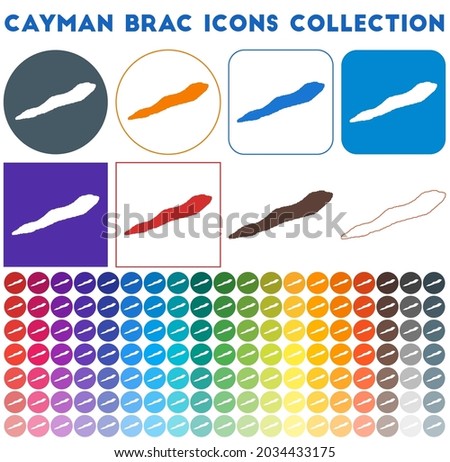 Cayman Brac icons collection. Bright colourful trendy map icons. Modern Cayman Brac badge with island map. Vector illustration.